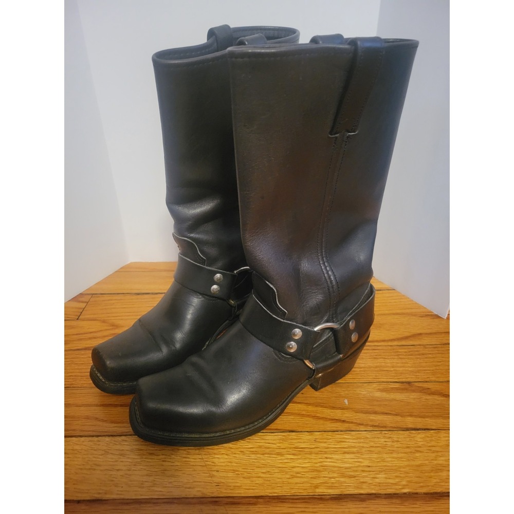 Double H Harness Vintage Boots Biker Motorcycle Sq Toe Black Leather Women 7.5 - Picture 1 of 15